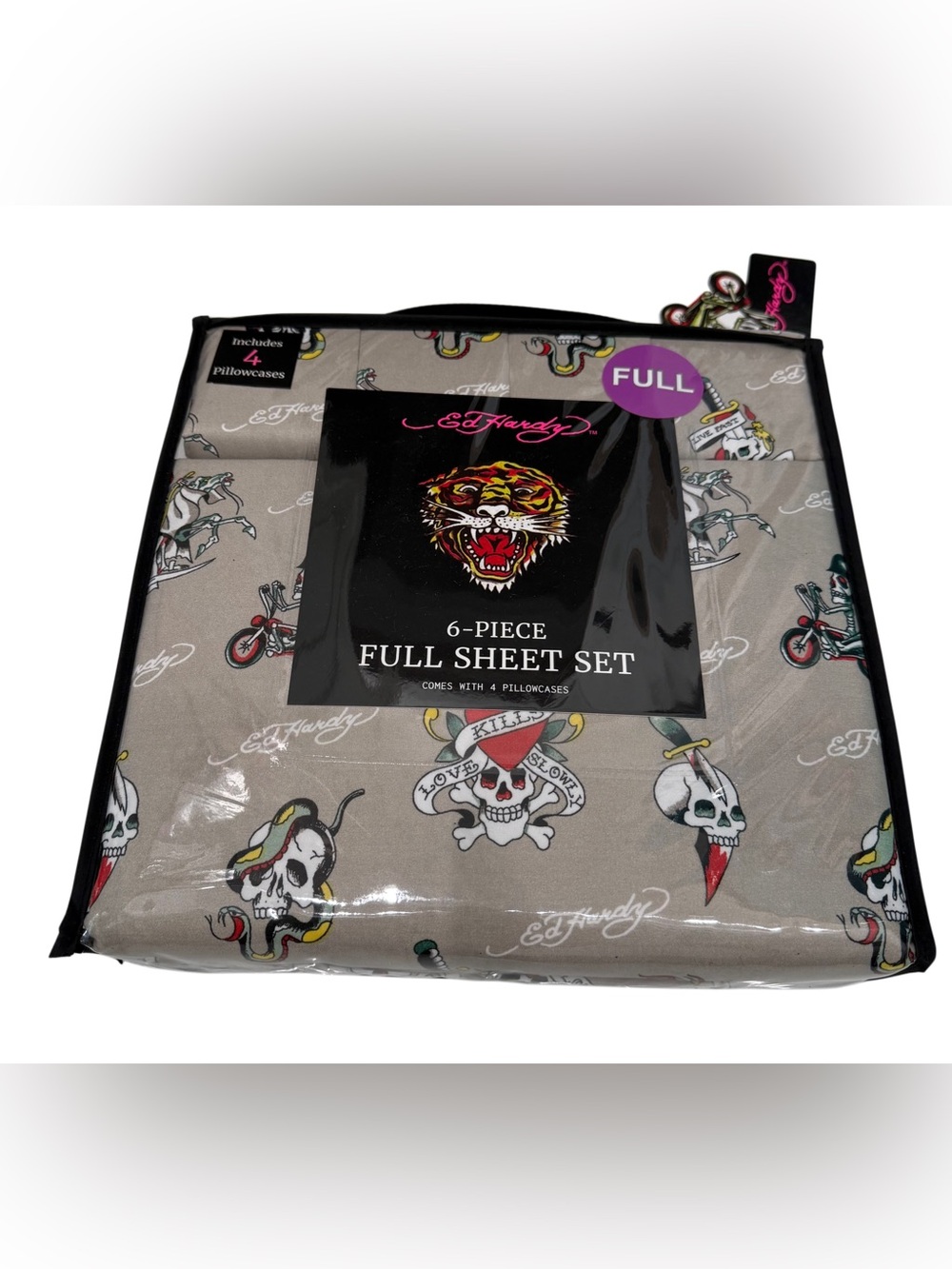 Ed Hardy 6-Piece Grey Full Sheet Set Death Reaper w/4 Pillowcases *NEW*
